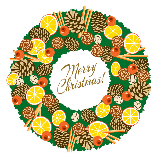 用冷杉、松果、桔子和肉桂枝装饰的圣诞花环图片下载