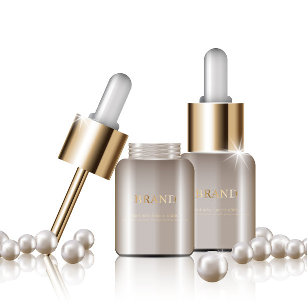 每年或节日特卖补水面部精华液。白珍珠和黄金精华面膜瓶隔离在亮粉颗粒背景上。优雅的化妆品广告，插画。图片下载