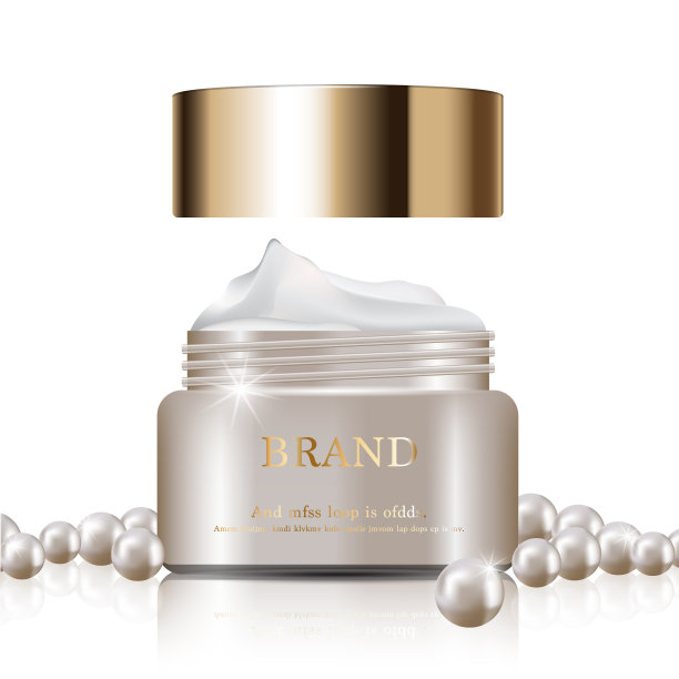 每年或节日特卖补水面霜。白珍珠和金霜面膜瓶隔离在亮片颗粒背景上。优雅的化妆品广告，插画。图片下载