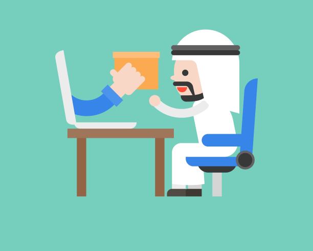 可爱的阿拉伯商人接受包裹从笔记本电脑，网上购物或电子商务和海运商务形势概念图片下载