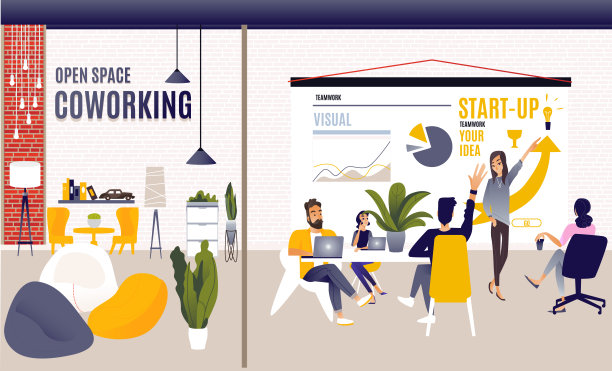 创意办公室联合办公中心。共同的工作环境。在开放空间的办公室里，人们在电脑前聊天和工作。现代工作场所。平面矢量插图协同工作中心。图片下载