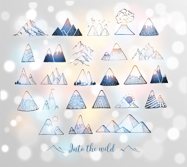 一套手绘蓝色涂鸦素描山在白色发光的背景图片下载