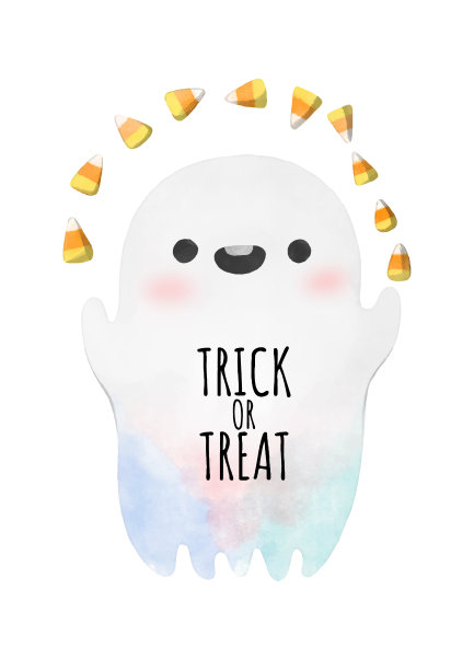 万圣节快乐，水彩手绘万圣节幽灵玩的糖果玉米孤立在白色的背景，水彩问候插图。图片下载