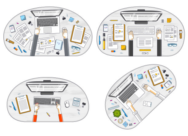 办公室员工或企业家的办公桌工作场所有手和PC电脑和各种文具物品的工作，俯视图。所有元素都很容易单独使用。向量集。图片下载