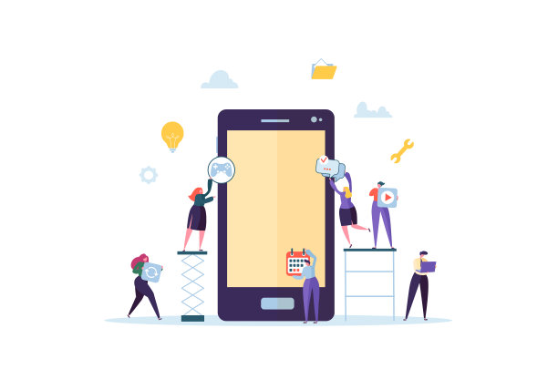 用智能手机屏幕上的图标构建移动应用程序的扁平人物字符。线框开发概念。矢量图图片下载