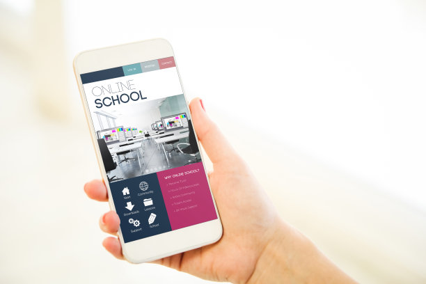 一名女子手持粉色金色空白智能手机，上面显示着学校的在线网站图片下载