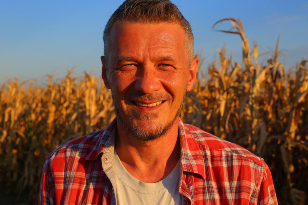 近距离的肖像，快乐的汗水农民站在他的丰富的玉米田前图片下载