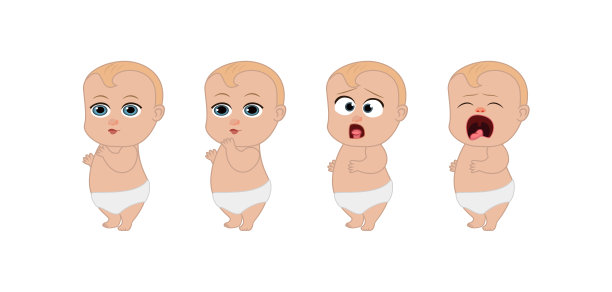 设置可爱的小宝贝不同的情绪。不同的面部表情。快乐的孩子，哭闹的孩子，生病的孩子，瞌睡的孩子，哭闹的孩子，穿着尿布的孩子。色彩斑斓的向量。图片下载