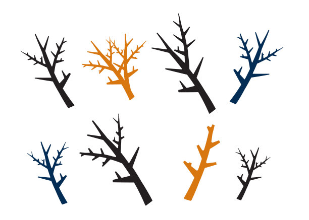 树枝设置在手绘风格。植物剪影，木雕轮廓，细枝装饰。图片下载