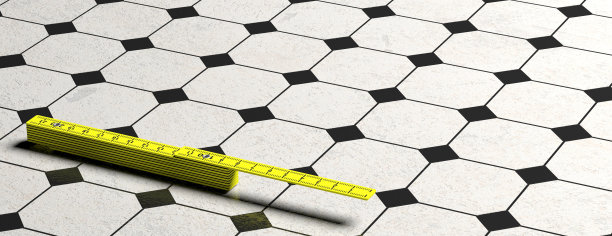 瓷砖地板上的黄色折叠木尺，横幅，复制空间。三维演示图片下载