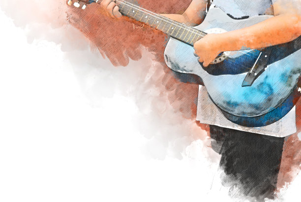 抽象美丽的弹吉他在前景上的水彩画背景和数字插图的笔刷艺术。图片下载