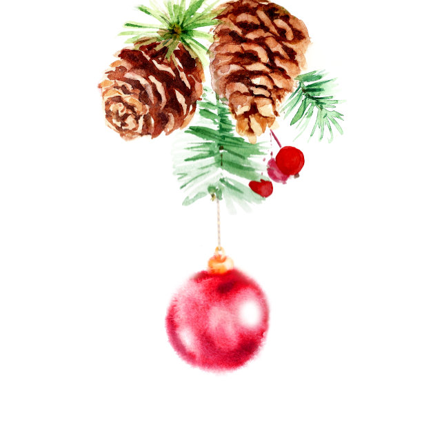 圣诞图案从松枝，球果，冬青浆果和红色闪亮的圣诞树球。图片下载