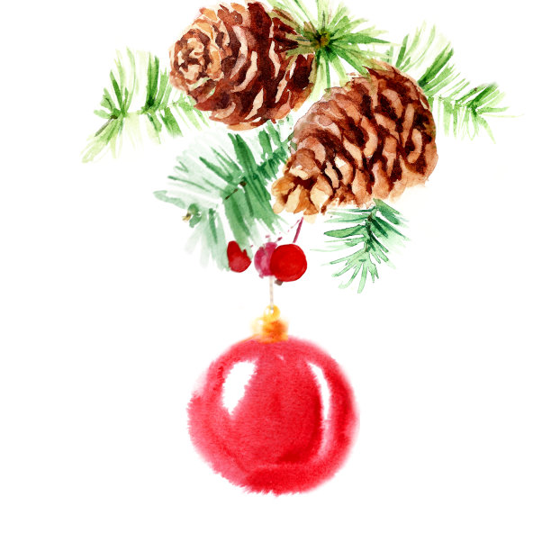 圣诞图案从松枝，球果，冬青浆果和红色闪亮的圣诞树球。图片下载