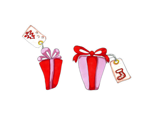 两个圣诞礼物盒，上面有红色的，粉色的丝带和标签。图片下载