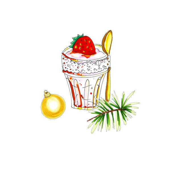 玻璃草莓奶油甜点，圣诞球和松枝。图片下载