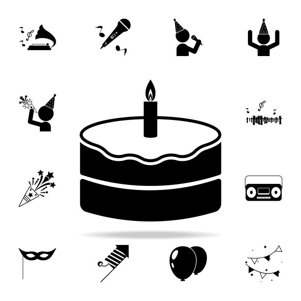 有蜡烛图标的蛋糕。图标普遍设置为网络和移动图片下载