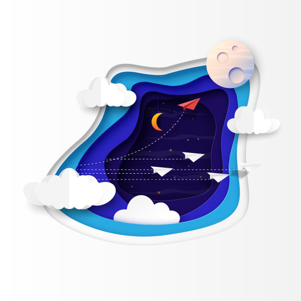 纸飞机团队在夜空中飞舞剪纸抽象的背景。图片下载