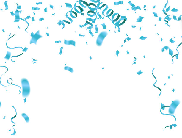 白色背景上点缀着五彩纸屑的蓝色丝带。假日，聚会的插图，在中心孤立的白色背景矢量EPS10图片下载