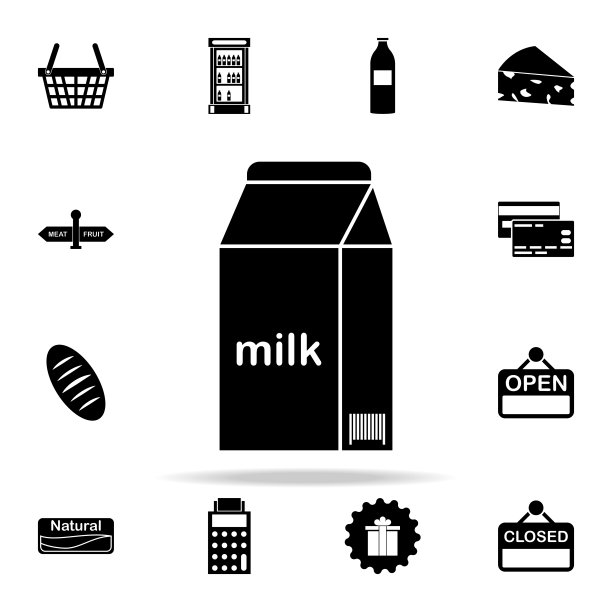 牛奶包装图标。市场图标通用设置为网络和移动图片下载