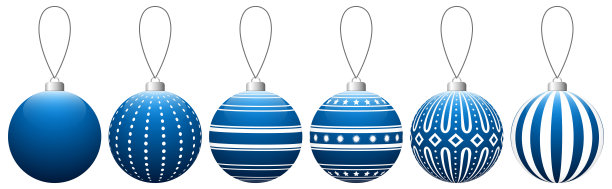 蓝色玻璃圣诞球与图案挂在一根线。图片下载