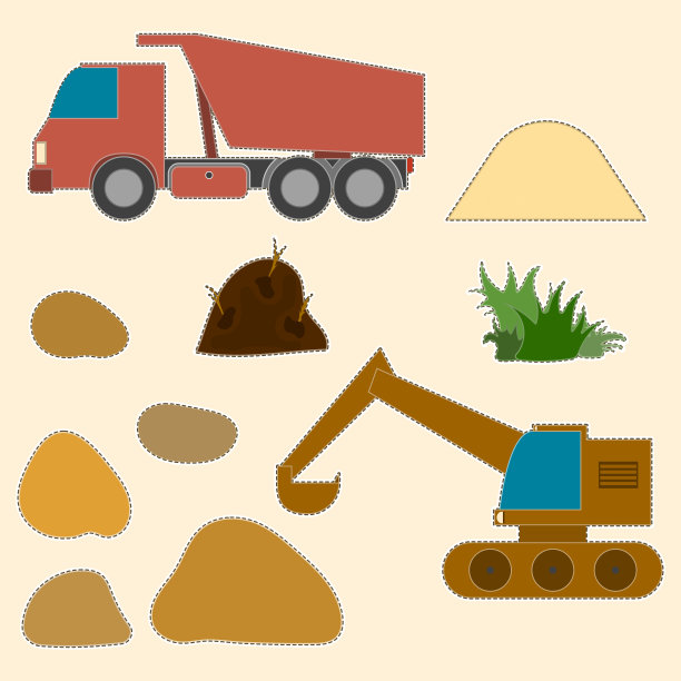 儿童的创造力插图。挖掘机和自卸车装载各种土、沙、石。纸板图纸与切割的可能性。向量。图片下载