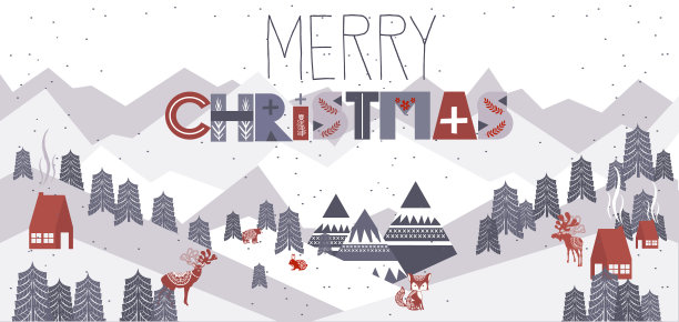 可爱的圣诞快乐横向贺卡与冬季景观和元素在斯堪的纳维亚风格图片下载