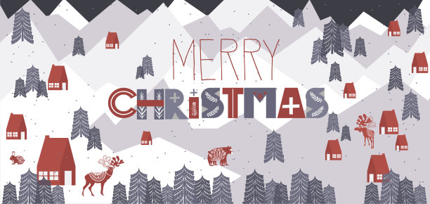 可爱的圣诞快乐横向贺卡与冬季景观和元素在斯堪的纳维亚风格图片下载