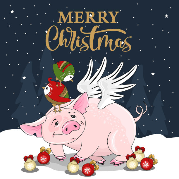 可爱的猪在圣诞节和新年的背景。矢量插图。图片下载