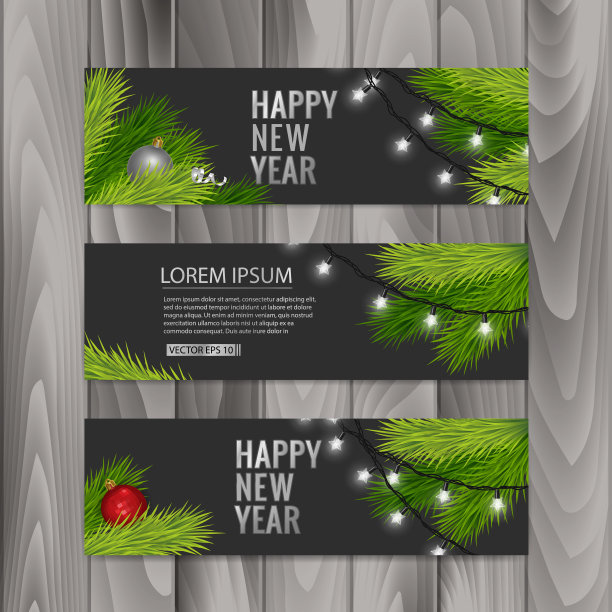 以杉木树枝为背景，以彩带、红球和花环装饰的圣诞横幅。向量eps 10图片下载