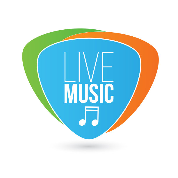现场音乐标志与注意吉他挑，彩色矢量插图孤立在白色背景。图片下载