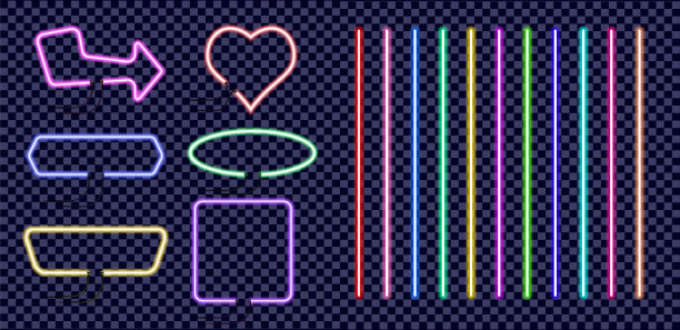 一套霓虹色框架。老式的电子招牌，明亮的霓虹灯隔离在透明的背景。图片下载