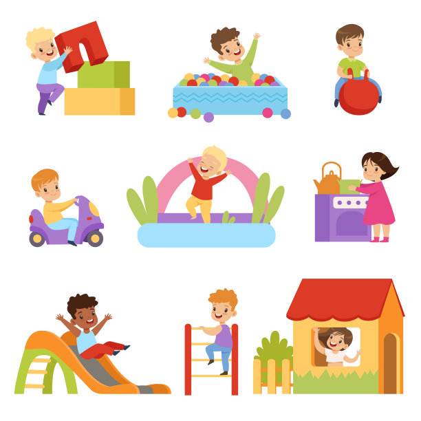 孩子在操场上有乐趣，男孩和女孩玩玩具，滑下滑梯，爬梯子矢量插图在白色的背景图片下载