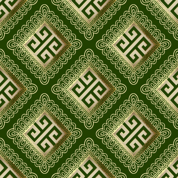 抽象几何花边希腊矢量无缝图案。3d装饰现代背景。绿色的金色瓷砖希腊重点曲径装饰花边花卉框架。装饰复古华丽的设计。图片下载