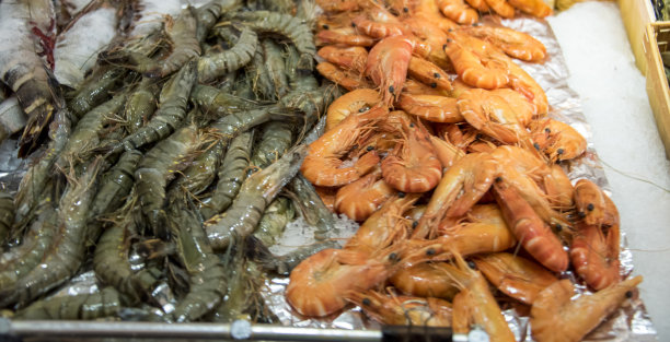 鲜嫩的冰虾在鱼市出售图片下载