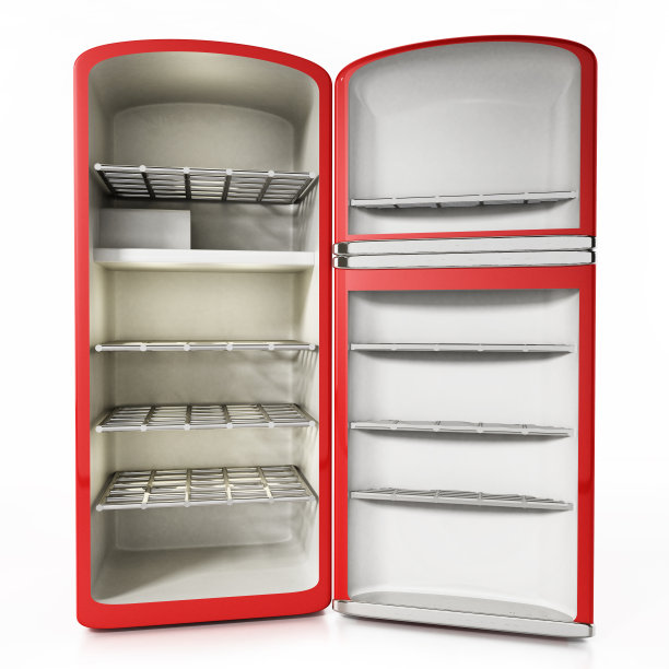 老式空冰箱与开放的门隔离在白色图片下载