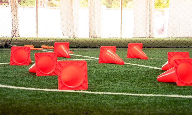 室内足球场上的塑料运动训练锥图片下载