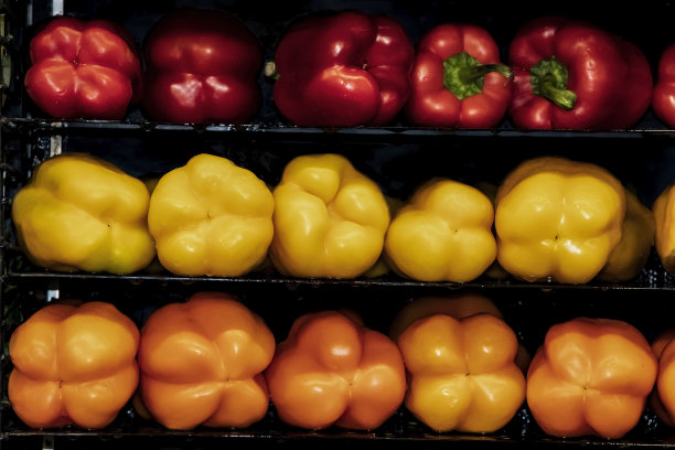 水平架子上的红、黄、橙甜椒映衬着黑色的背景图片下载