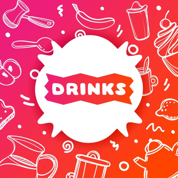 色彩斑斓的梯度传单咖啡馆光泽的背景与饮料报价。食物的线性涂鸦插图。白色贴纸上多色渐变。图片下载