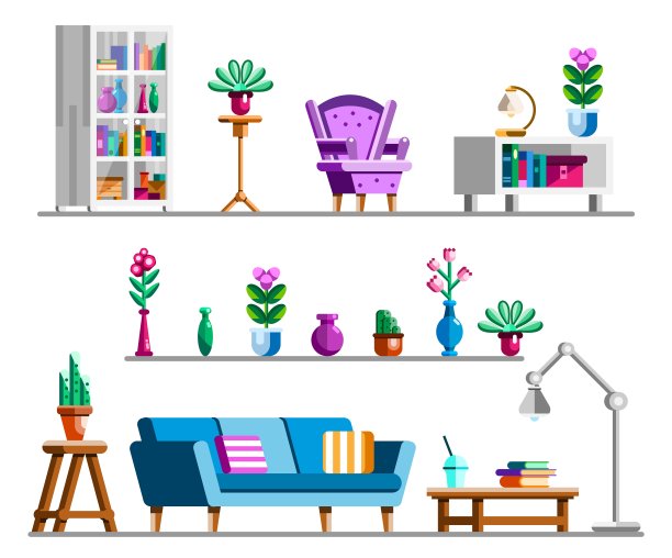 详细的内部设置。客厅剪纸书架和书柜，舒适的扶手椅，花架，台灯，茶几，沙发，仙人掌，花瓶。平面向量插图。图片下载