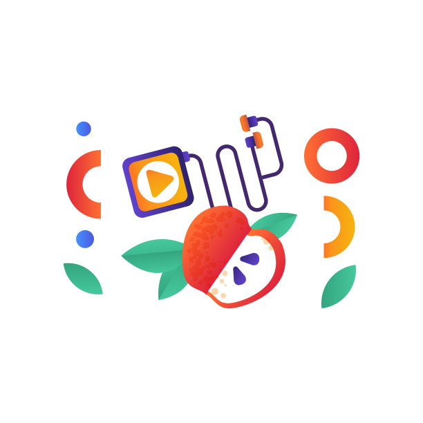 媒体播放器和红苹果，运动，健身，健康的生活方式符号矢量插图上的白色背景图片下载