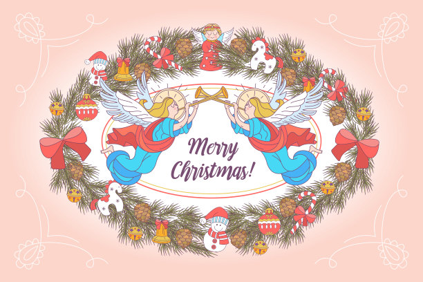 圣诞快乐。向量贺卡。用圣诞玩具装饰的圣诞树花环。图片下载