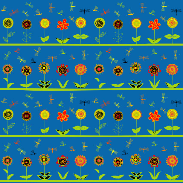 一排排的花和程式化的蜻蜓图片下载