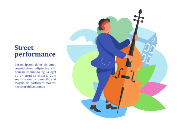 街头音乐家。弹奏低音提琴的男人。街头表演。矢量插图。图片下载