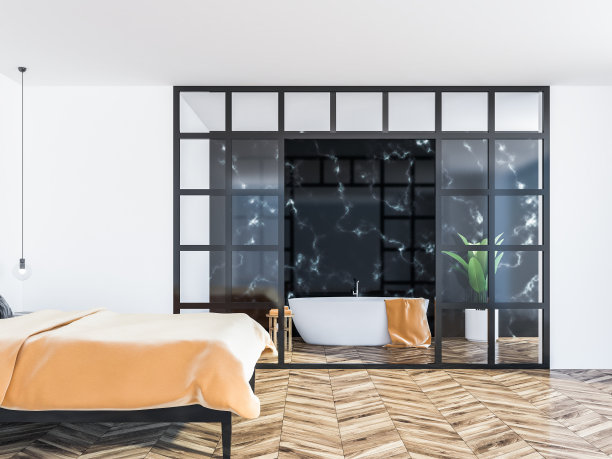 白色卧室内部，橙色双人床图片下载