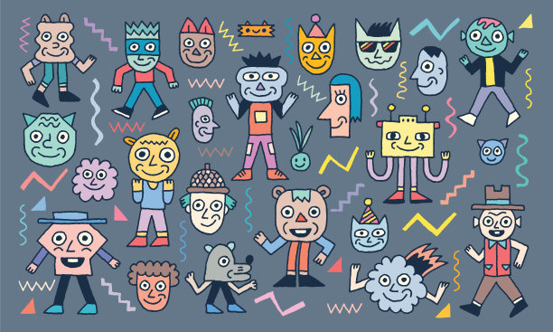 Smiley Faces Cheese Characters Doodles Set 2 Colorful Vector插图图片下载