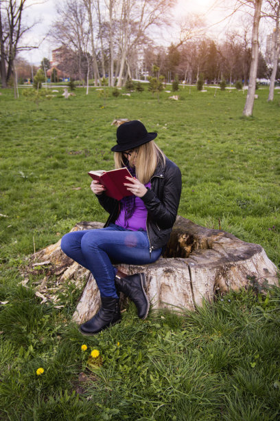 女孩在公园里看书，在夏天的夕阳下图片下载