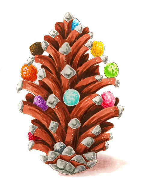 圣诞松果与垒球孤立在白色手绘插图图片下载