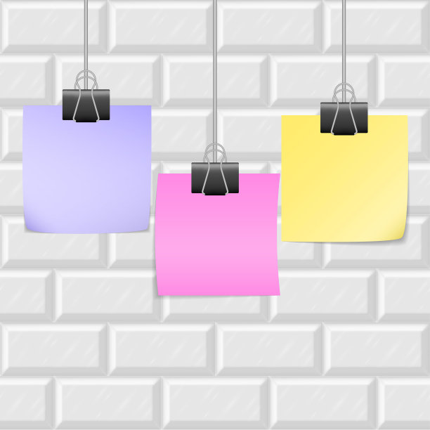 以白色砖墙为背景，用图片夹夹上的办公室便笺贴纸。信息信息的海报，广告，报价。展览风格的空提示。图片下载