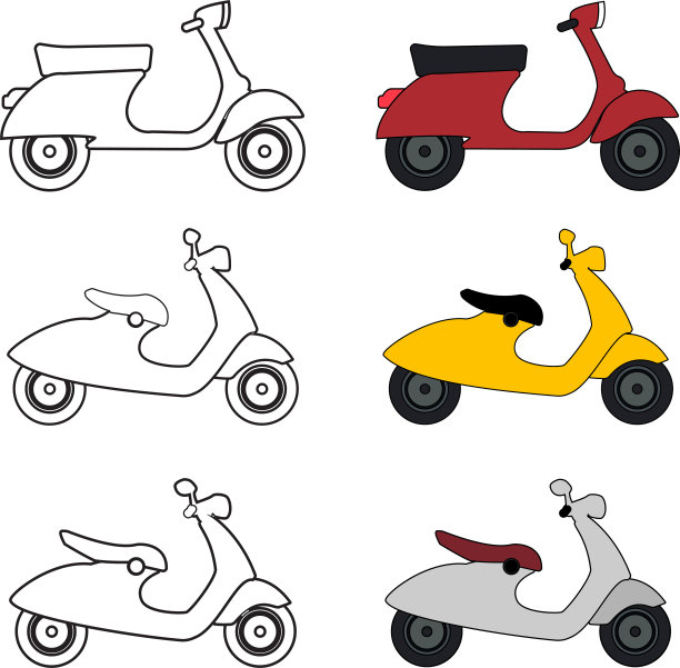 三套彩色矢量手绘颜料的意大利助力车在浅灰色的背景，加上线条艺术图片下载