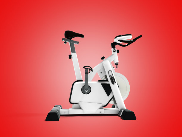 白色运动自行车模拟器的运动生活方式侧视图3d渲染在红色背景与阴影图片下载